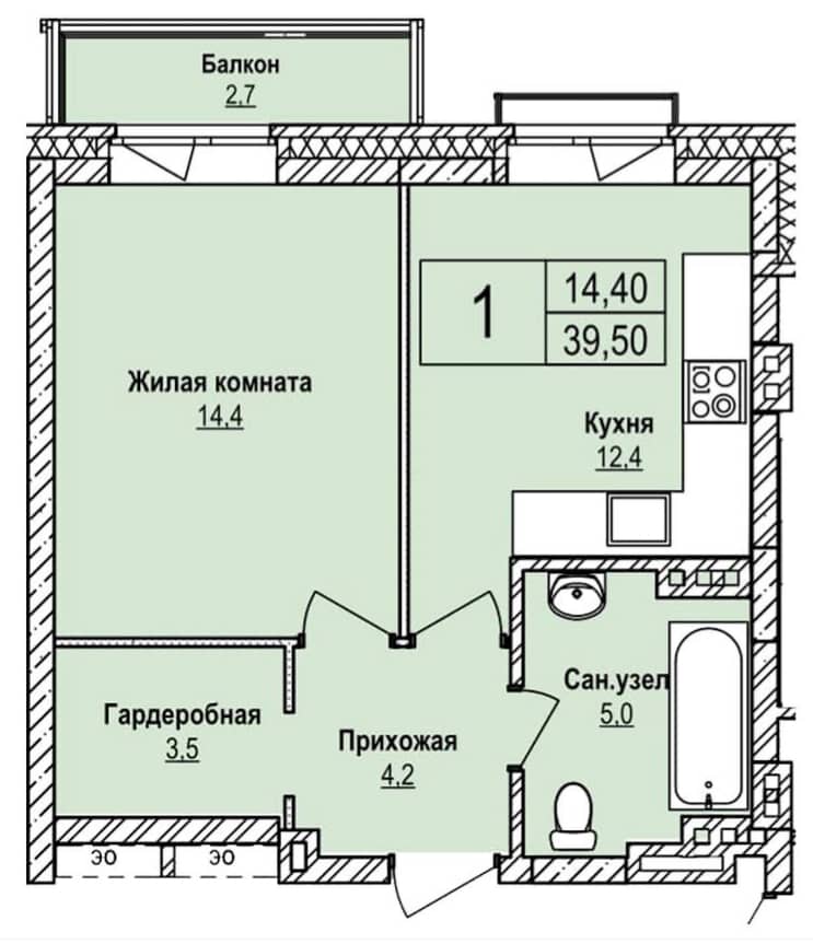 1-комнатная квартира | ЖК «Эволюция» | 14.4